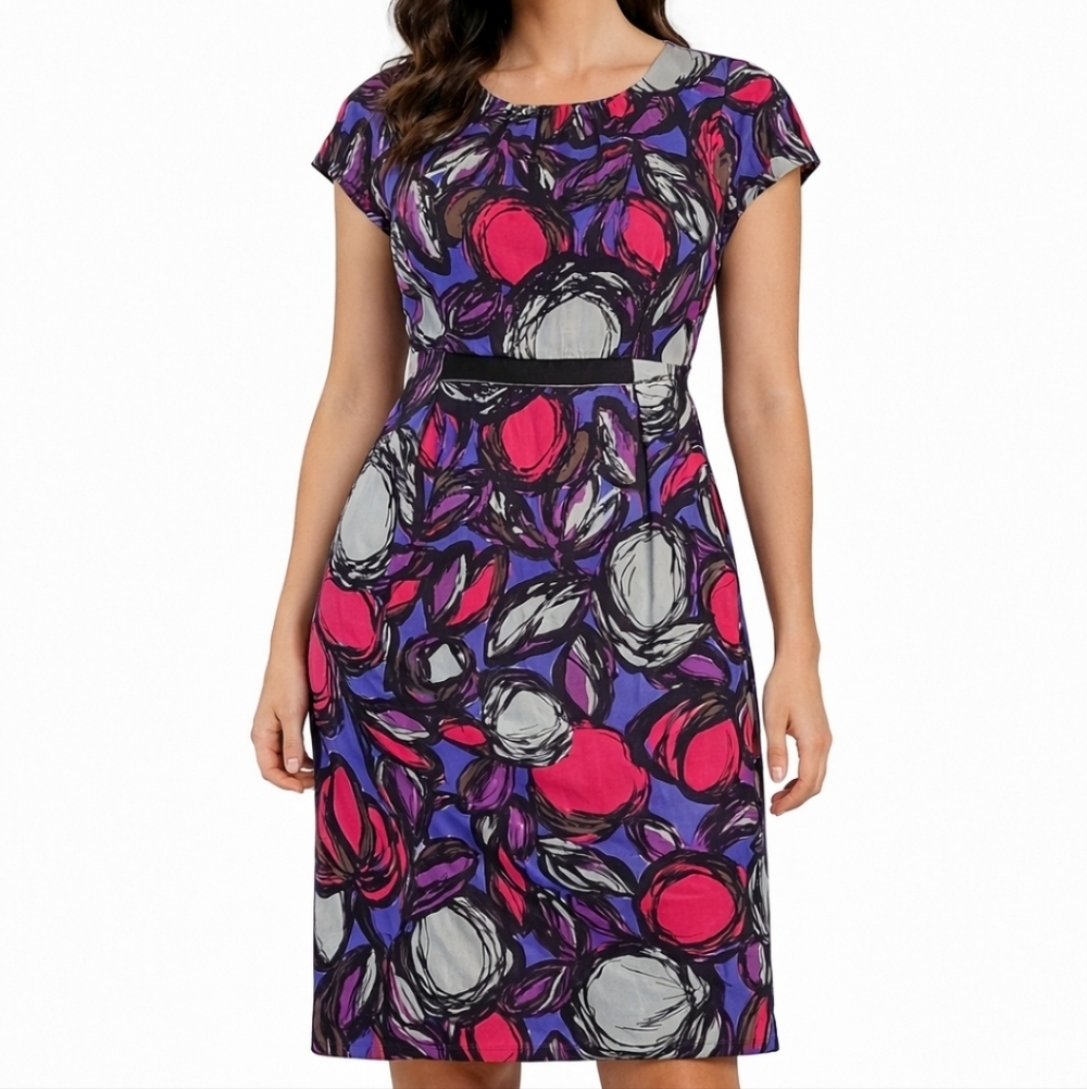 Boden Silk Blend Multi-Color Abstract Fruit Print Velvet Trim Sheath Dress